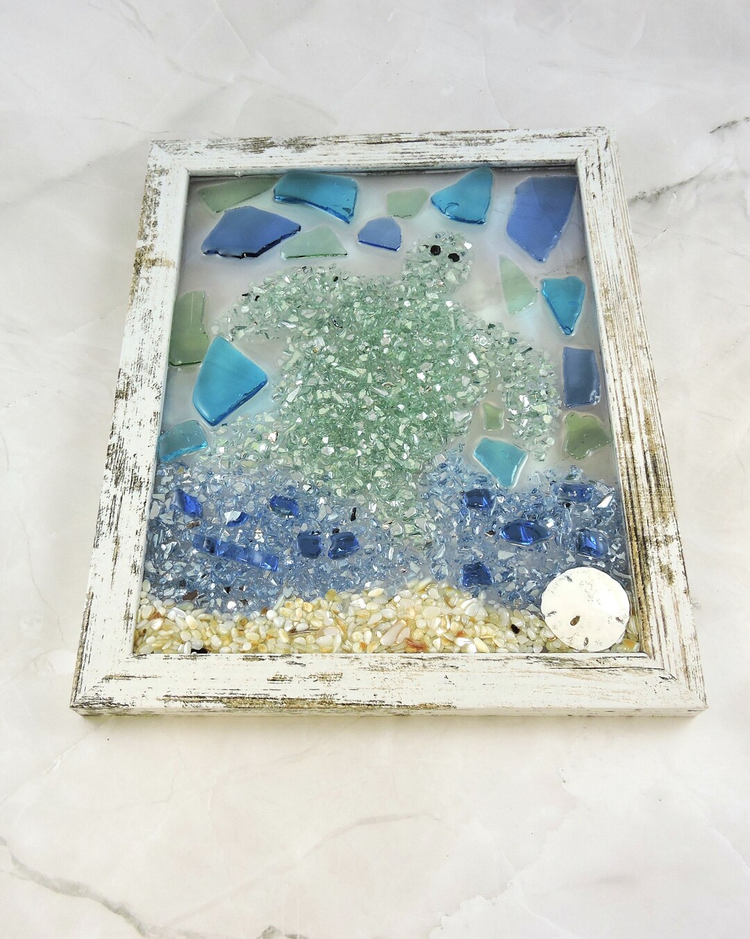 Framed Coastal Art Glass Ocean With Sea Turtle Sand Dollar and Shells
