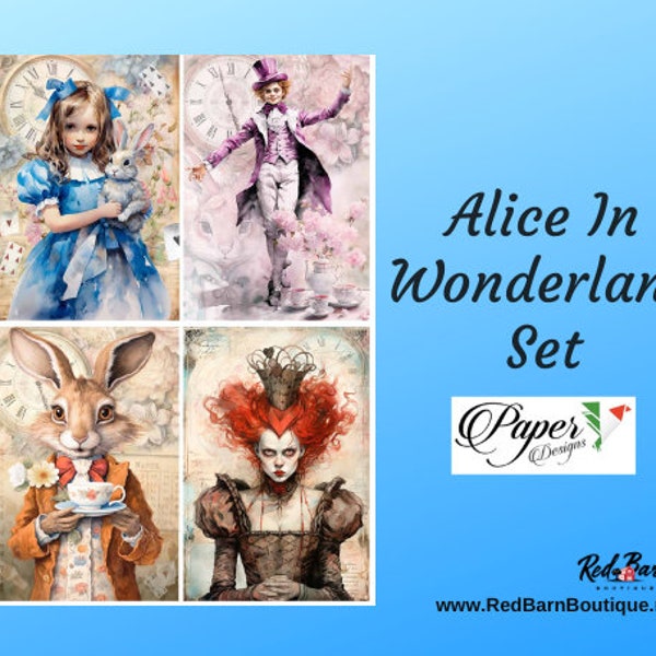 Alice In Wonderland 4 Pack Set | Rice Paper Decoupage | USPaper Designs Set 1 | A4 & A3