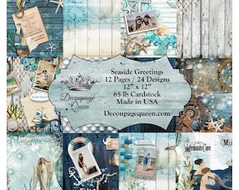 Seaside Greeting Scrapbook Set | Decoupage Queen | Scrapbook Paper | 12 x 12 Paper Pack | 12 Pages, 24 Designs | Mixed Media
