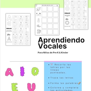 May include: Educational activity sheets for children titled Aprendiendo Vocales, featuring black and white tracing exercises with words like ACAE, DAR, SAL, MAR, GAS, ODO, SOL, GOL, VOZ, TOS, and colorful, cloud-shaped Spanish vowels A, I, O, E, U in pink, purple, and green.