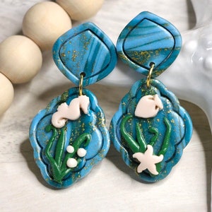 Under the Sea - Seahorse and Fish Turquoise  Polymer Clay Stud Dangle Earrings
