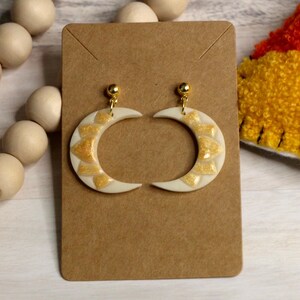 Glow in the Dark Crescent Moon - Halloween Polymer Clay Stud Dangle Earrings with Gold Accent