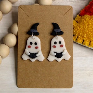 Witchy Ghoul - Polymer Clay Ghost Stud Dangle Earrings with Black Witch Hat and Bat