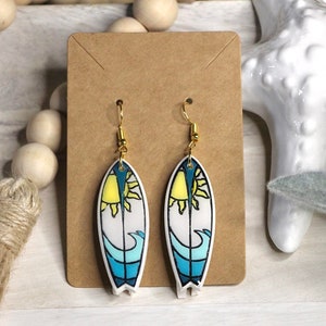 Summer Surfboard - Polymer Clay Dangle Earrings with Sun and Beach Waves