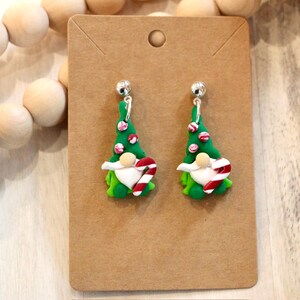 Candy Cane Gnome Dangles- Handmade Polymer Clay Winter Earrings