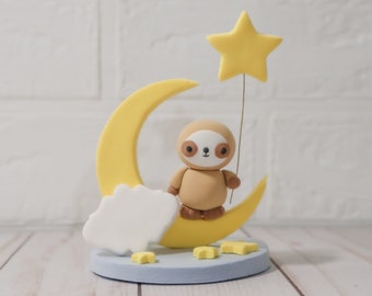 Customized Cute Sloth and Moon Cake Topper | Sloth Birthday Cake Topper | Handmade Clay Cake Topper | Customized Cake Topper