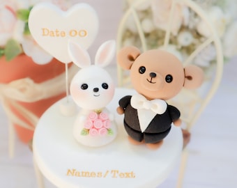 Customized Bunny and Teddy Bear Wedding Cake Topper | Cute Handmade Cake Topper | Wedding Cake Accessory | Customized Cake Topper