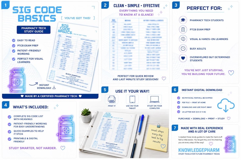 May include: A pharmacy tech study guide titled "SIG CODE BASICS" with a blue and white design. The guide includes a complete SIG code list, quick examples, and is designed for visual learners. It is available as an instant digital download.