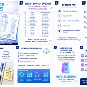 May include: A digital pharmacy tech study guide titled "SIG CODE BASICS" with a blue and purple design. The guide includes a complete SIG code list, quick examples, and is perfect for visual learners. It is available for instant download.