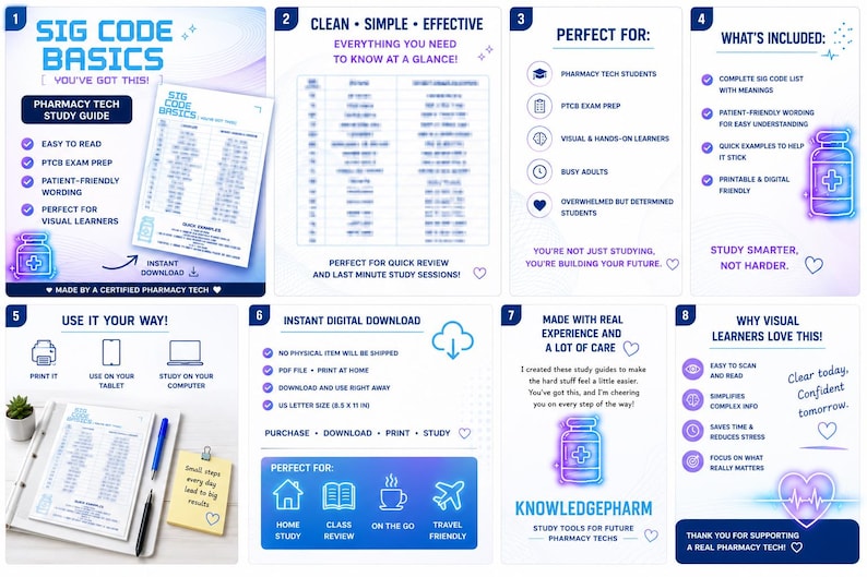 May include: A digital pharmacy tech study guide titled "SIG CODE BASICS" with a blue and purple design. The guide includes a complete SIG code list, quick examples, and is perfect for visual learners. It is available for instant download.
