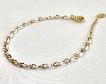 Gold Chain Bracelet- Dainty- Minimalist- White Enamel- 14k gold filled- adjustable