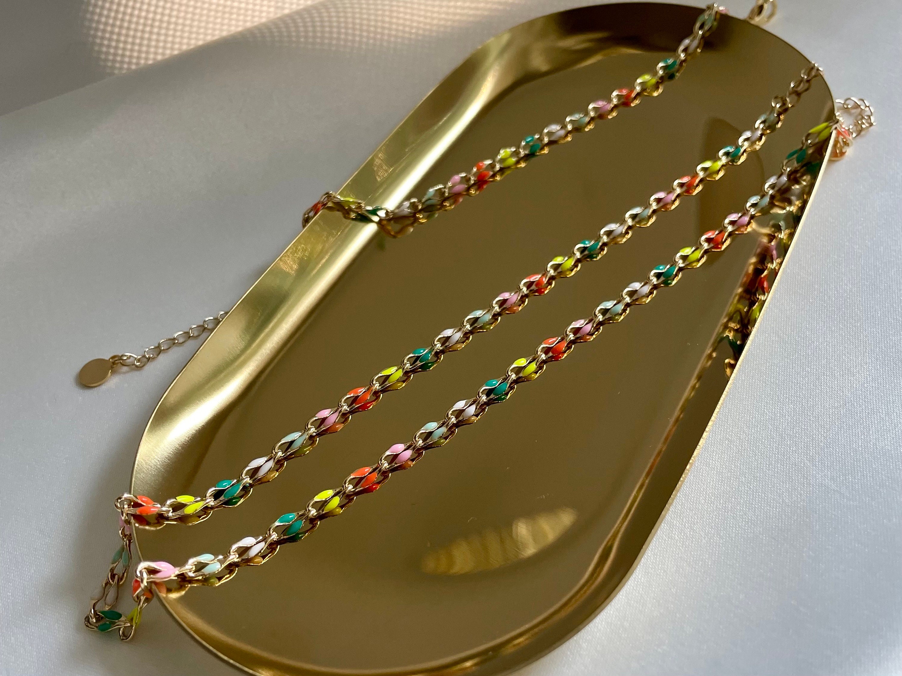 Good Colorful Chain Gold Chain Bracelet- Colorful Rainbow Colored Enamel Chain- 14k Gold ...