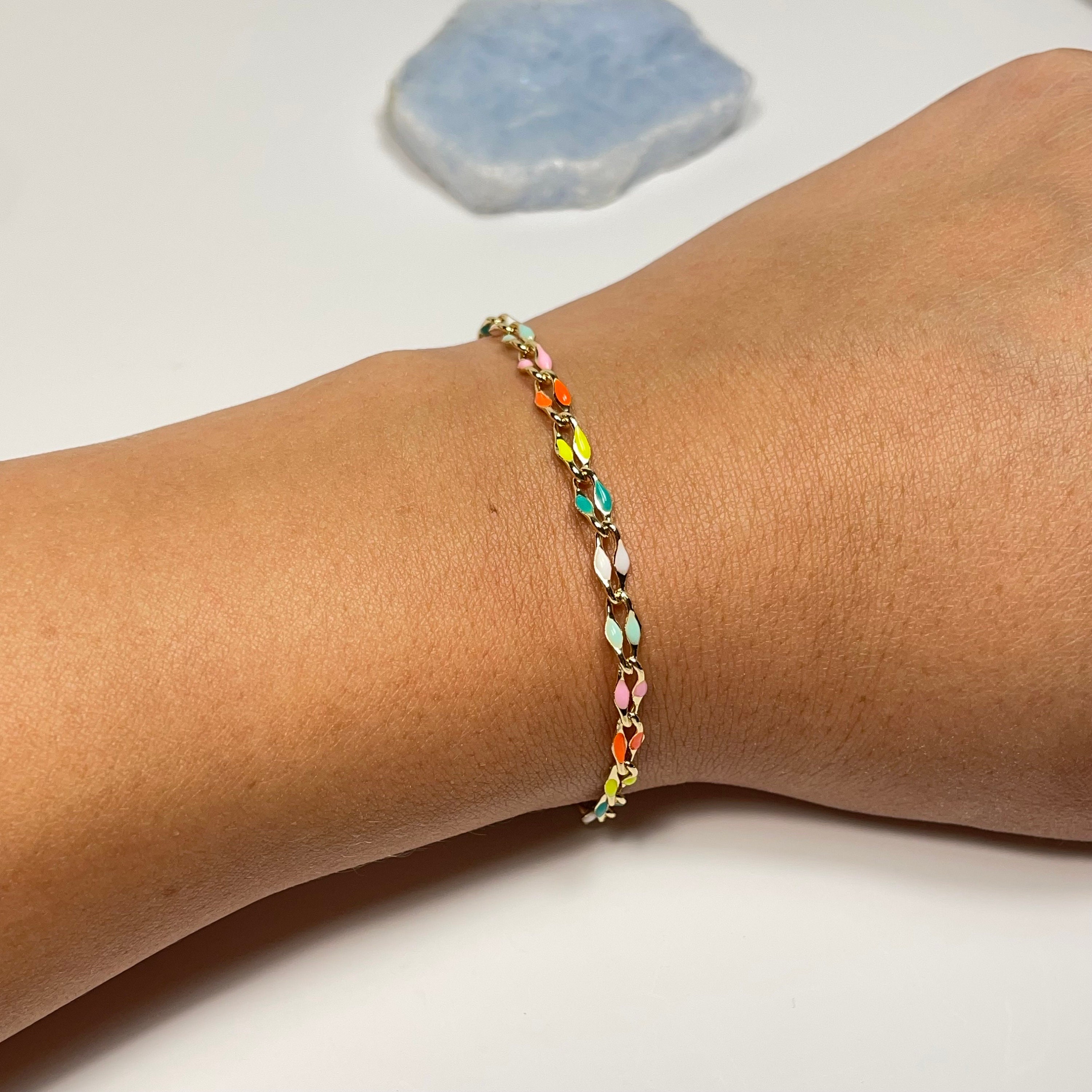 Good Colorful Chain Gold Chain Bracelet- Colorful Rainbow Colored Enamel Chain- 14k Gold ...