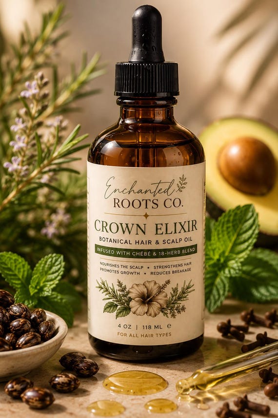 Crown Elixir Botanical Hair & Scalp Oil, Chebe Rosemary Castor Oil Blend, Nourishing Scalp Oil for All Hair Types, 4 oz