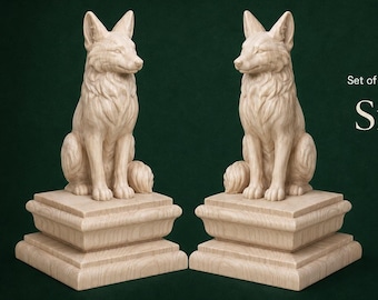 Custom order. Set of two mirrored newel post finials "Sitting Fox". Alder wood