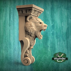 Roaring Bear Support Bracket– Rustic Wood Corbel for Mantel or Cabinet