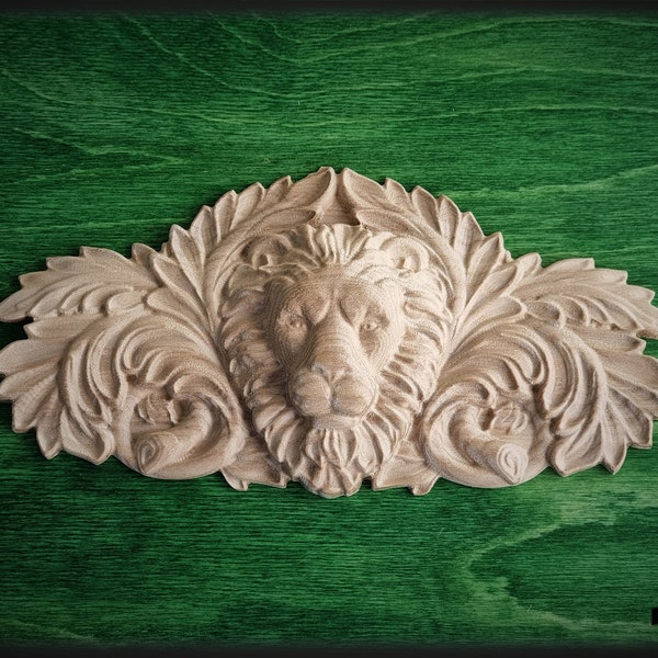 Lion Head of Wood Carved Applique Onlay, Home Wall Embellishments, Furniture Carving, Wood Onlay