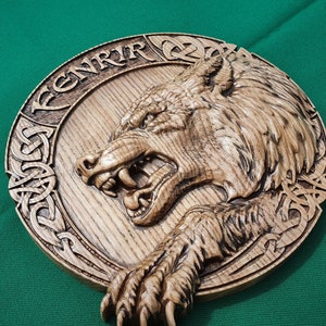 Viking Wolf FENRIR,  Odin&#39;s Wolf Fenrir on Viking Shield Wall Hanging Sculpture Viking Decor Scandinavian