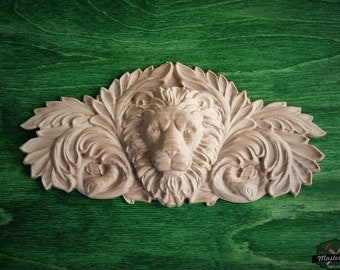 Lion Head of Wood Carved Applique Onlay, Home Wall Embellishments, Furniture Carving, Wood Onlay