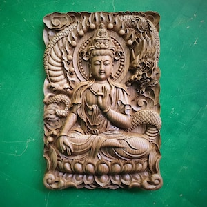 Guanine and Dragon, Kuan Yin, wooden carving wall art