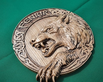 Lobo vikingo Fenrir, Lobo de Odín Fenrir sobre escudo vikingo, escultura colgante de pared, decoración vikinga escandinava
