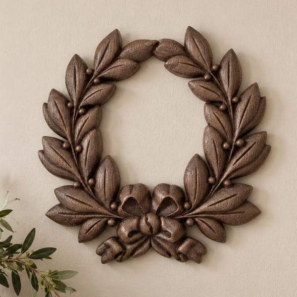 Laurel Wreath Wall Art | Hand-Sanded & Hand-Toned Carved Wood | Classic Home Decor
