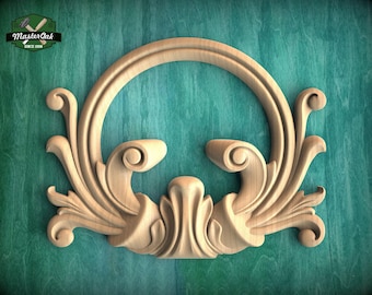 Rococo Natural Wood Onlay with Circular Motif - Central Scroll and Circle Decor, 1 pc, Unpainted, Home Wall Embellishments, wooden trims