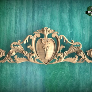 Baroque Style Carved Wood Onlay with Cartouche, Ornate Wood Crest Onlay Accent, Furniture Carving, Wood Onlay, 1pc, Unpainted