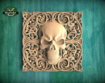 Incrustaciones de madera de calavera gótica, talla de calavera barroca, 1 pieza, sin pintar, decoración de pared para el hogar, acento de madera tallada, decoración de pared de madera