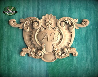 Personalized Antique Style Natural Wood Onlay - Detailed Scroll and Floral Central Overlay, 1pc, Unpainted, carved decoration, wooden onlay