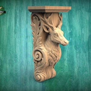 Soporte decorativo de madera con hojas de acanto y figura de ciervo (1 pieza, sin pintar)