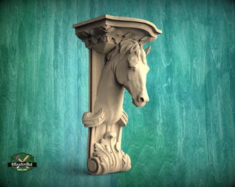 Horse Corbel of Wood, Unpainted, Horse bracket Carved Wooden Corbel, Horse decor Home Wall Embellishments, wood onlays, wood wall art decor