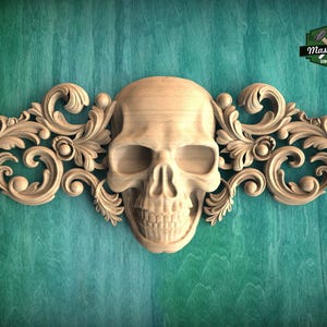 Gothic Elegance Wooden Applique, 1 pc, Horizontal wooden floral center onlay with skull, horizontal decor, carved decoration of wood
