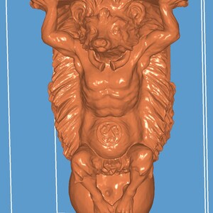May include: A 3D-rendered sculpture of a creature with a bear-like head and human-like body, holding a rectangular structure above its head. The sculpture is a warm orange color and sits atop a spherical base. The image has a blue background.