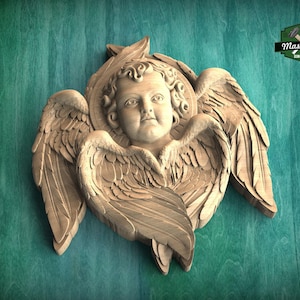 Graça Querubim: Anjo de Madeira Talhado à Mão, 1 peça, Anjo com asas, Anjo Talhado, decoração religiosa, decoração esculpida em madeira, aplique de madeira