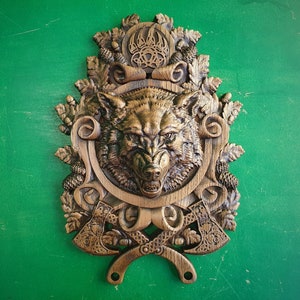 Viking Wolf FENRIR,  Odin&#39;s Wolf Fenrir on Viking Shield Wall Hanging Sculpture Viking Decor Scandinavian