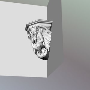 May include: A detailed, grayscale sculpture of a gargoyle, featuring a horned head, large wings, and a seated pose. The architectural element is mounted on a corner, showcasing intricate carvings and textures.