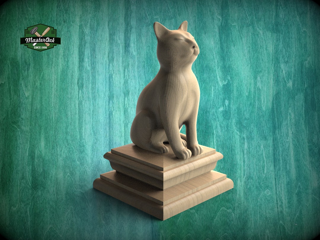 Cat Statue 2 Made of Wood, Cat Wooden Finial for Staircase Newel Post