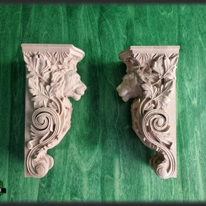 Pair of Corbels Lion, Unpainted, Decorative Carved Wooden Corbel, Home Wall Embellishments, wood onlays, wood wall art decor