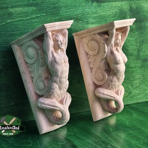 ménsulas de madera con forma de sirena y tritón, sin pintar, ménsulas decorativas talladas en madera, 1 par, decoración de pared para el hogar, temática marina