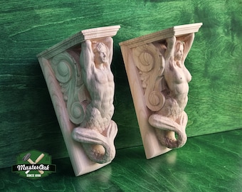 Houten consoles zeemeermin en meerman, ongeverfd, decoratief gesneden houten console, 1 paar, muurversieringen voor thuis, decor maritiem thema