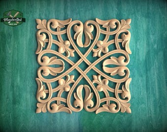 Square Lattice Wood Rosette, Classic Scrollwork Wood Panel, 1pc, Home Wall Embellishments, Furniture Carving, Wood Onlay, Unpainted