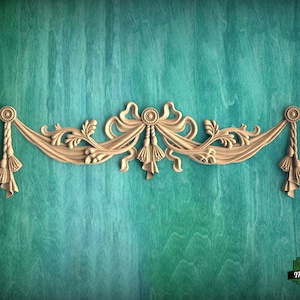 Classic Style Swag Onlay with Bows made  of wood, 1pc, Home Wall Embellishments, Furniture Carving, Wood Onlay