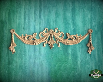 Classic Style Swag Onlay with Bows made  of wood, 1pc, Home Wall Embellishments, Furniture Carving, Wood Onlay