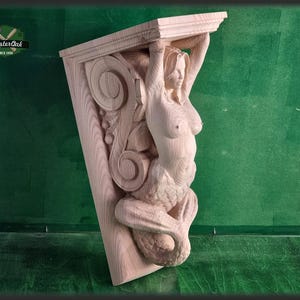 Mensola decorativa a forma di sirena in legno, non verniciata, mensola decorativa in legno intagliato, 1 pezzo, decorazioni per pareti domestiche, intarsi in legno, decorazioni artistiche da parete in legno