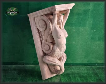 Corbel Mermaid of wood, Unpainted, Decorative Carved Wooden Corbel, 1pc, Home Wall Embellishments, wood onlays, wood wall art decor
