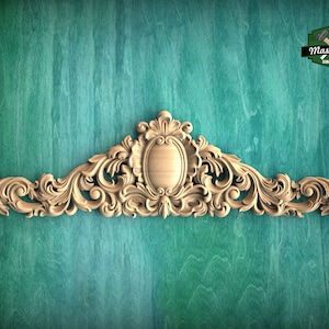 Carved Regal Crest Wooden Applique, Baroque Scrollwork Elegance, 1pc, Home Wall Embellishments, Furniture Carving, Horizontal Wood Onlay