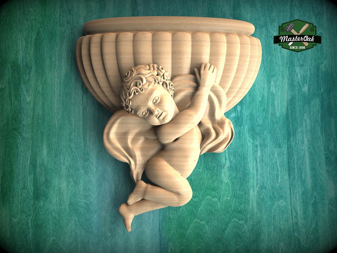 Cherubic Embrace Wood Carved Onlay, 1pc, Angel With Wings, Carved Angel