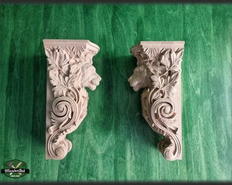 Paar Corbels Lion, unbemalt, dekorative geschnitzte Holzkragwand, Hauswandverzierungen, Holzeinlagen, Holzwandkunstdekor
