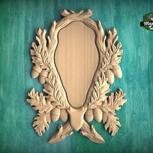 Wooden Medallion Onlay, Rustic Oak and Acorn Design, Wood Onlay with Acorn Motif, 1 pc, Unpainted, Home Wall Embellishments, wooden trims